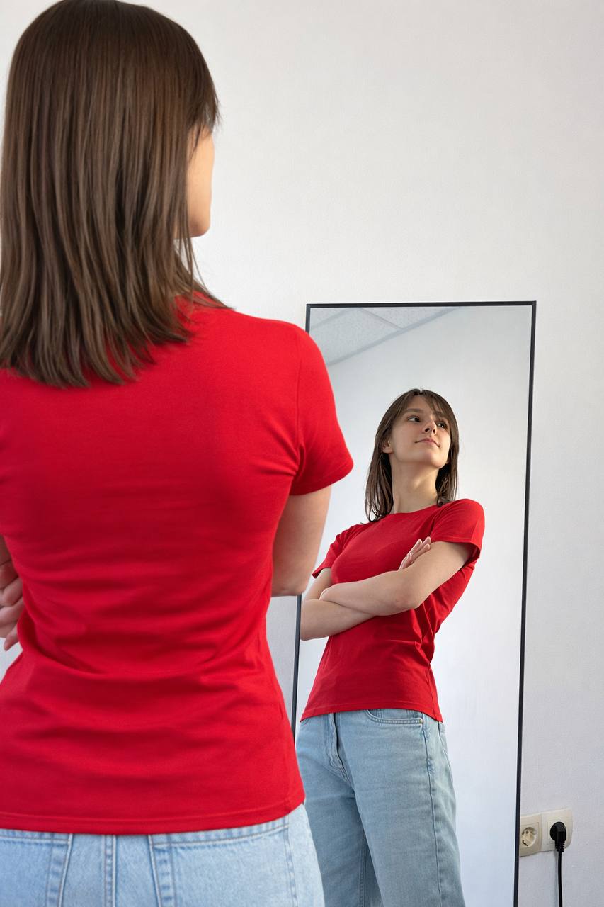 Женская красная футболка "ALLAZY" реальное фото